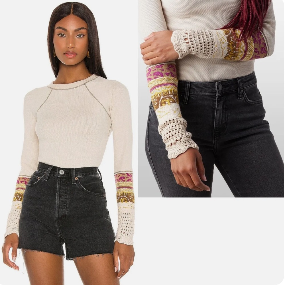 Free People in the mix cuff top in linen combo